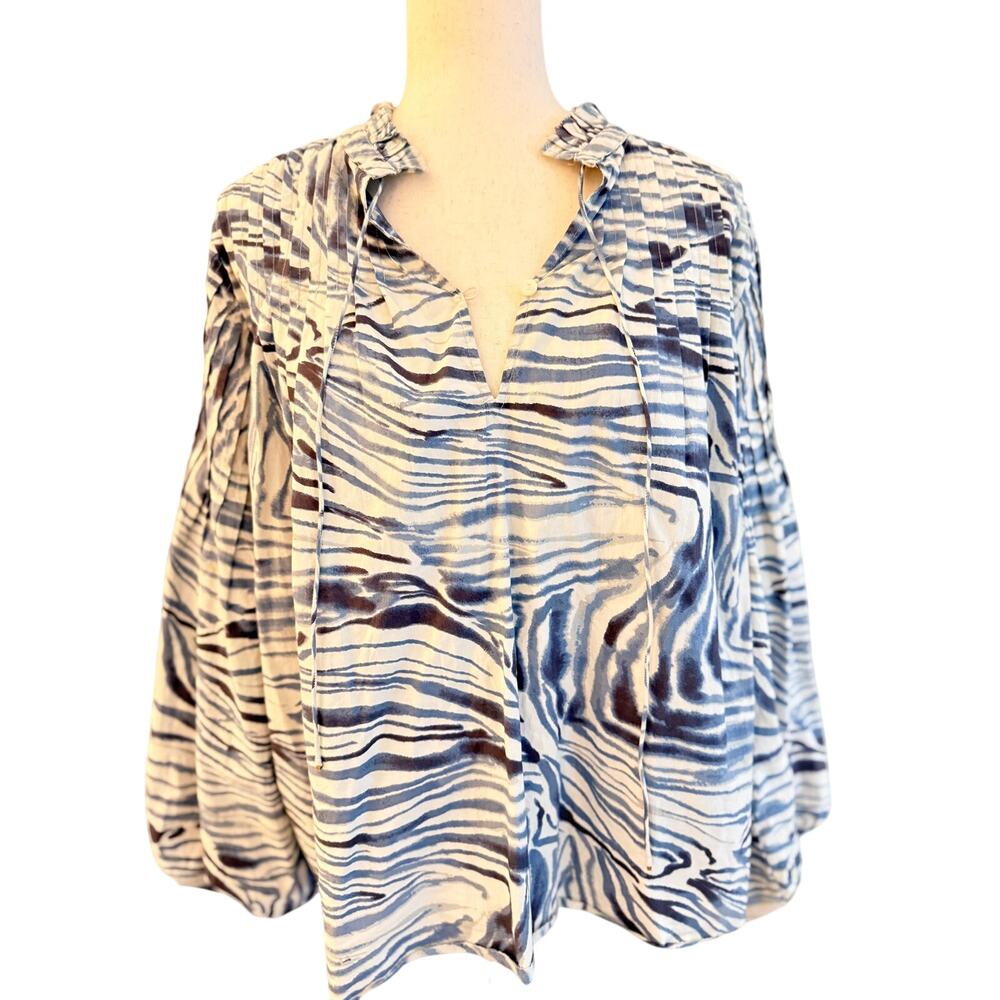 Love the Label Abstract Zebra Print Tie Neck Blouse Blue Ivory Size M